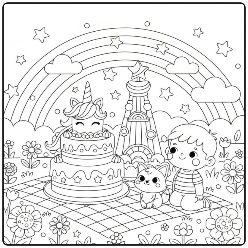 A Magical Unicorn Cake and Rainbow for You coloring page