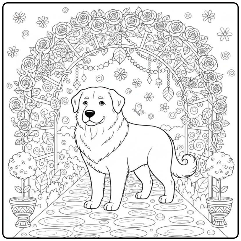 Kuvasz in a Decorative Garden coloring page