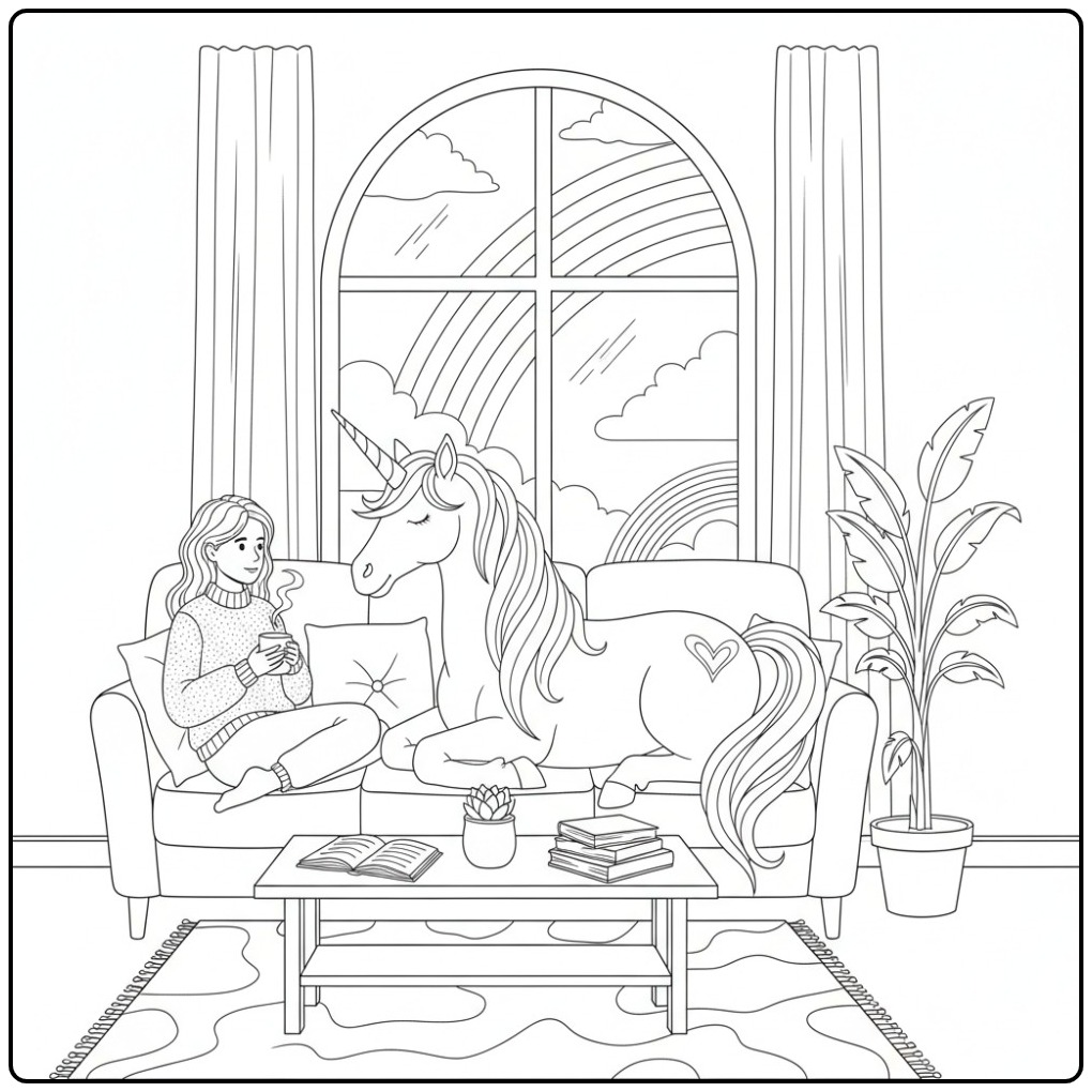 A Girl and Her Magical Unicorn Rainbow Friend coloring page