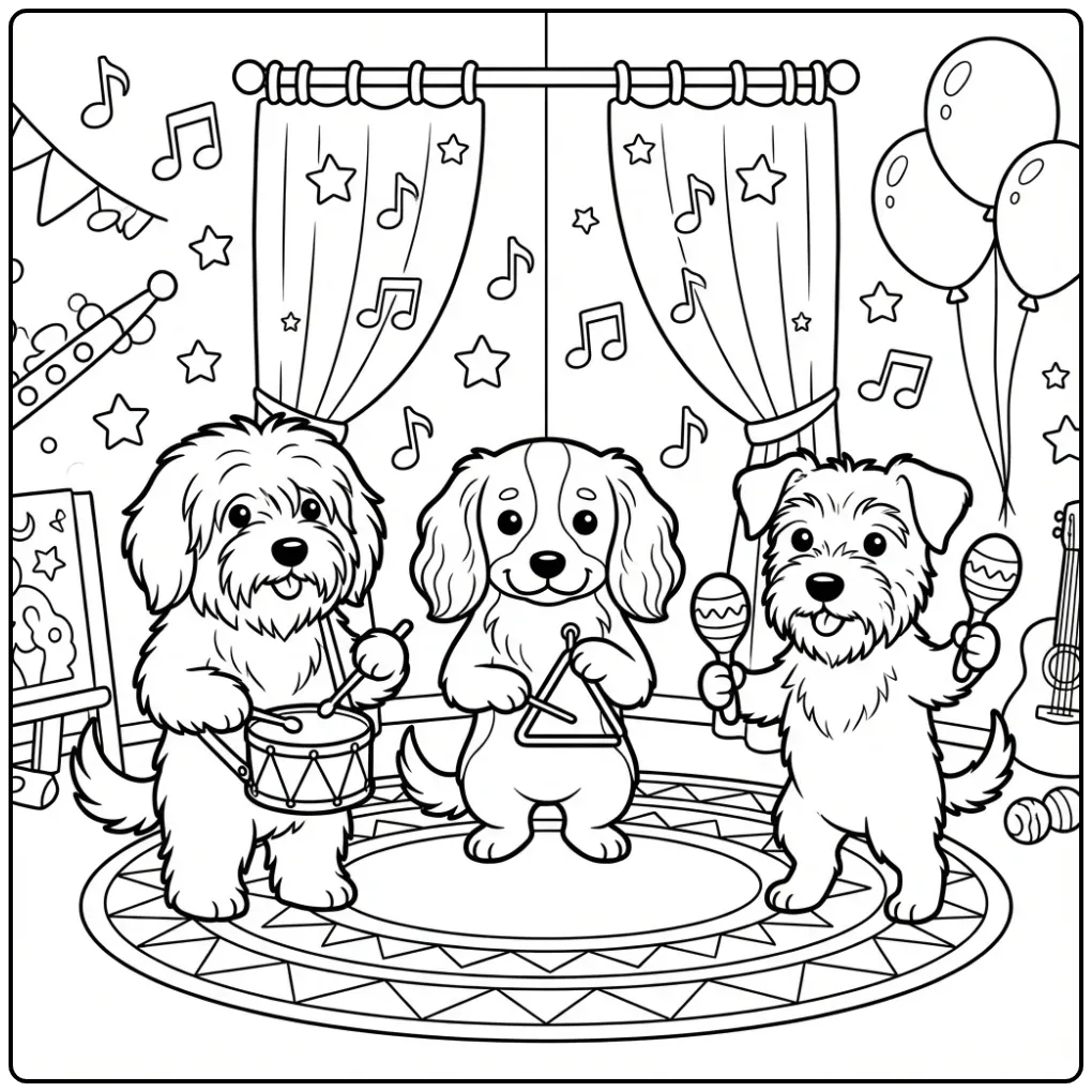 Schapendoes, Markiesje, and Smoushond Playing Music coloring page