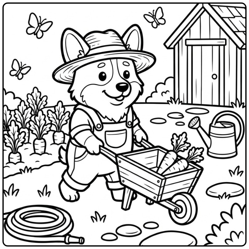 Corgi Farmer in a Vegetable Garden coloring page