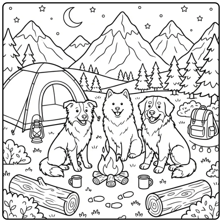 Cute Dogs by the Campfire coloring page