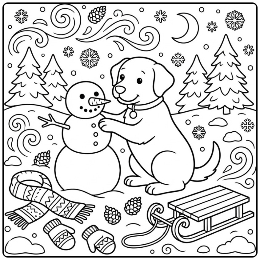 Labrador Christmas Dog Building a Snowman coloring page