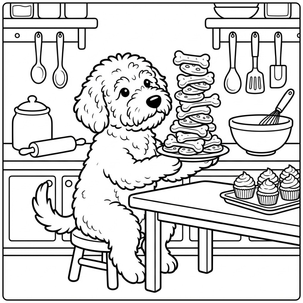 Labradoodle Baking Dog Cookies coloring page