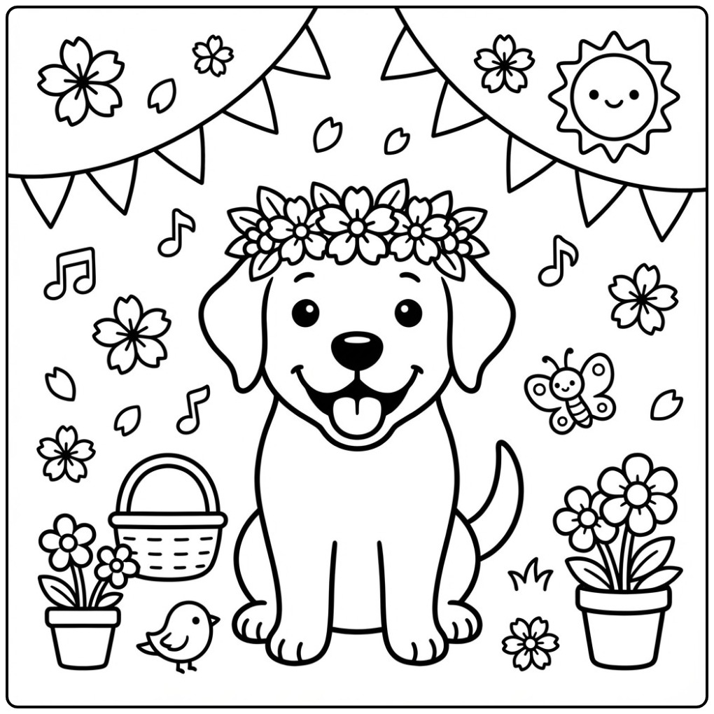 A Cute Labrador Celebrating the Spring Outside coloring page