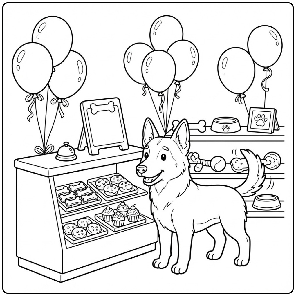 Belgian Malinois Choosing Treats at a Pet Bakery coloring page