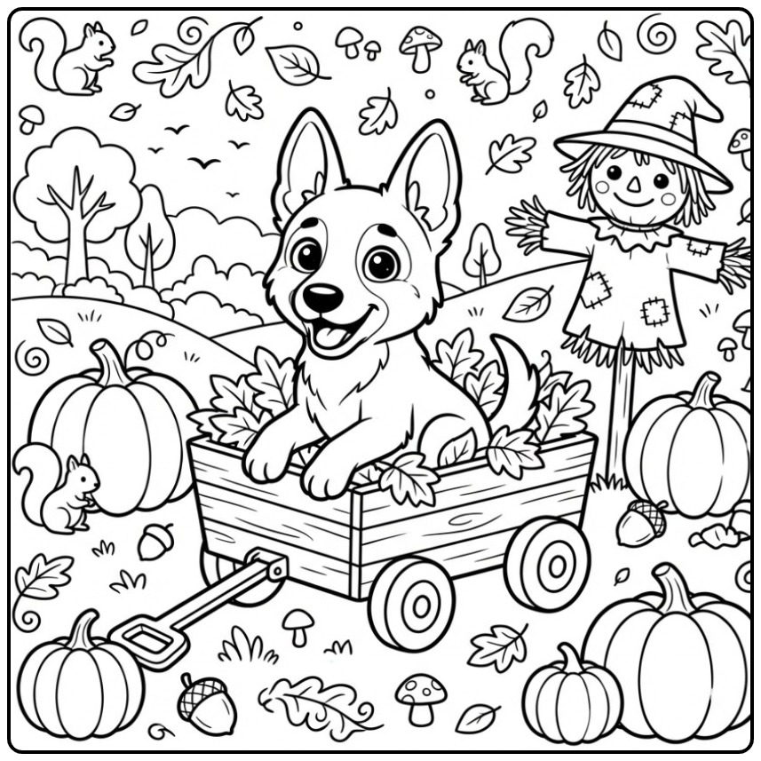 Belgian Malinois Riding Through Autumn Leaves coloring page
