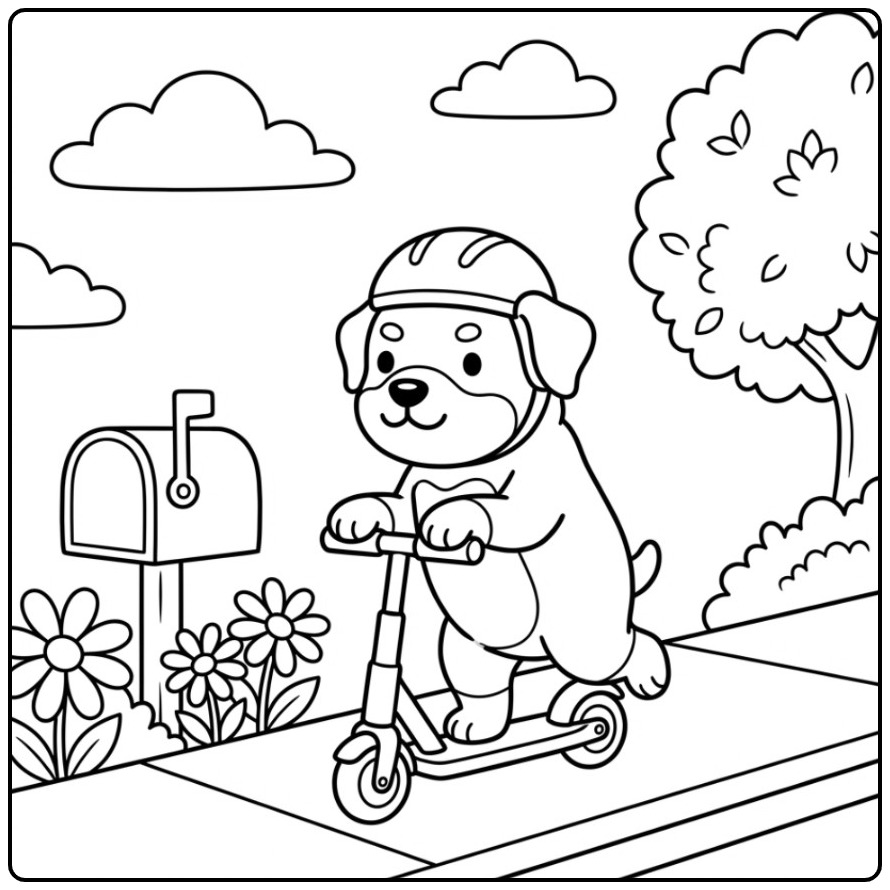 Rottweiler Riding a Scooter with a Helmet coloring page