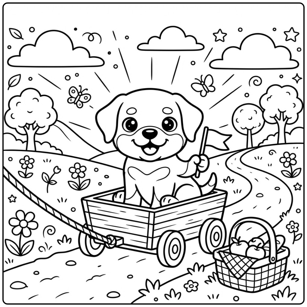 Rottweiler Riding in a Picnic Wagon coloring page