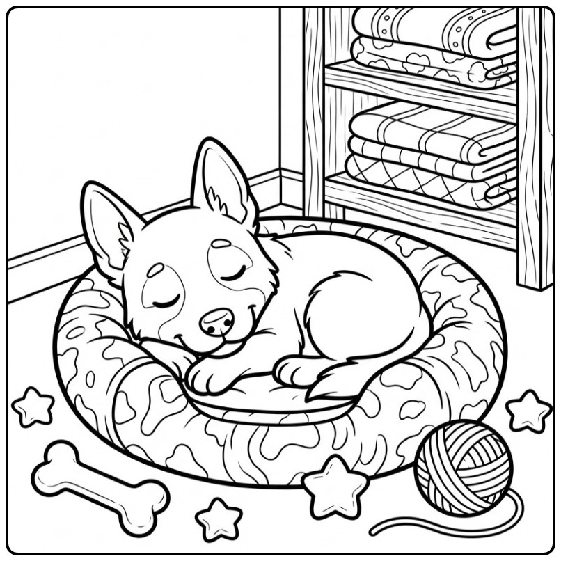 Sleeping Belgian Malinois Puppy in a Fluffy Basket coloring page