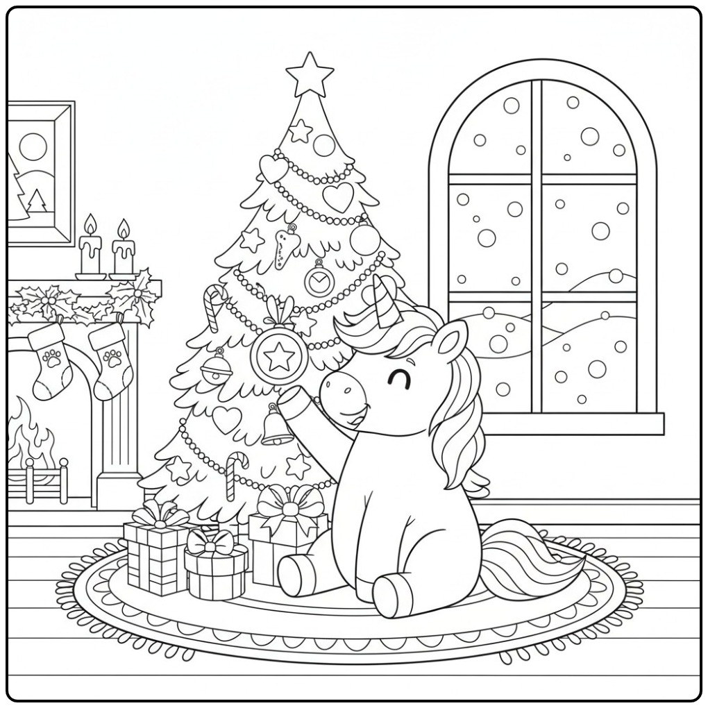 A Cute Unicorn Christmas coloring page