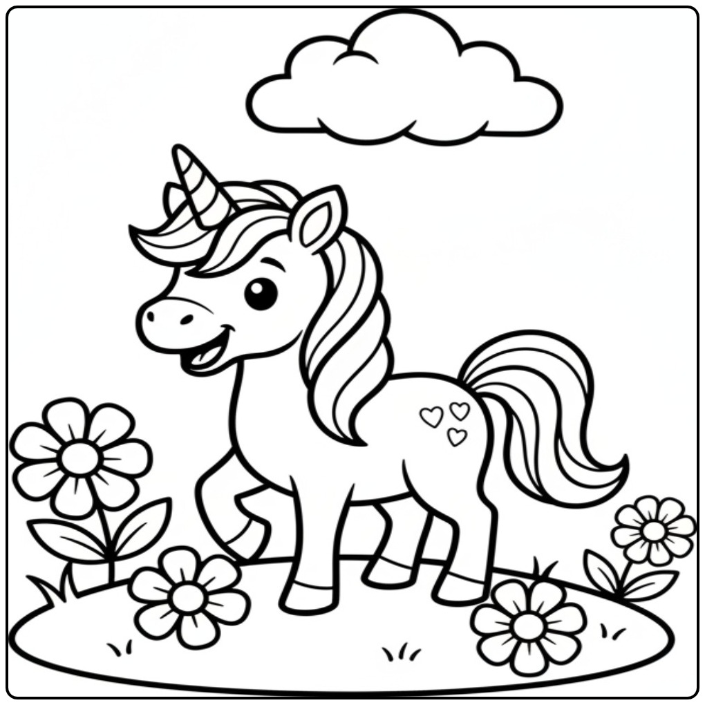 Cute Unicorn Easy in a Flower Field coloring page