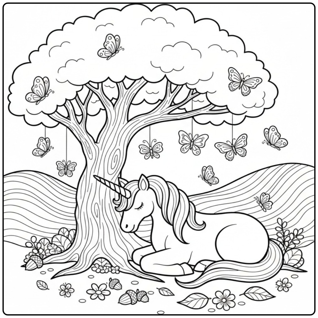 Serene Butterflies Unicorn Resting Under a Big Tree coloring page