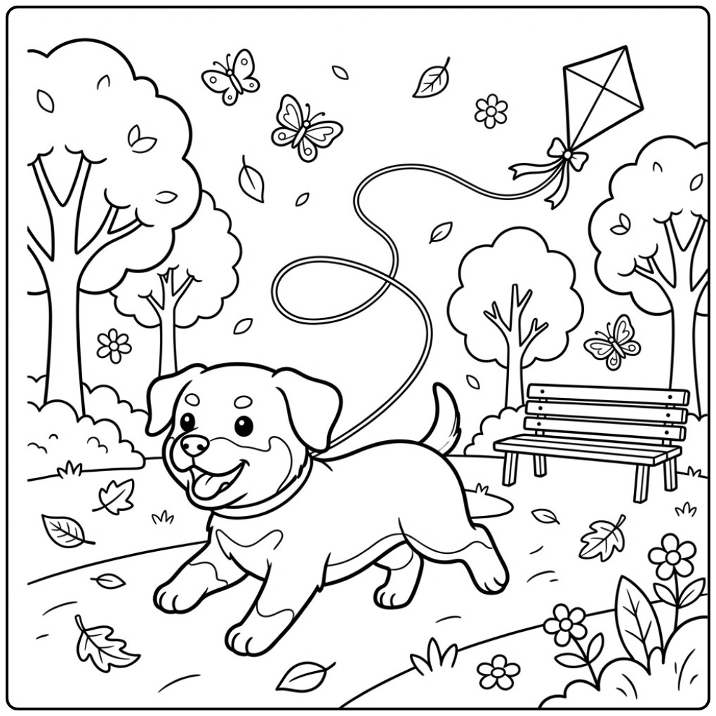 Rottweiler Running Through the Park After a Kite coloring page