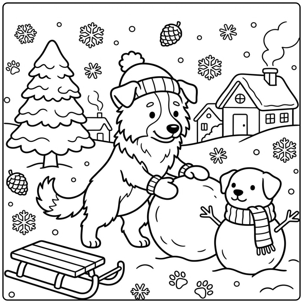 Border Collie Building a Snowman coloring page