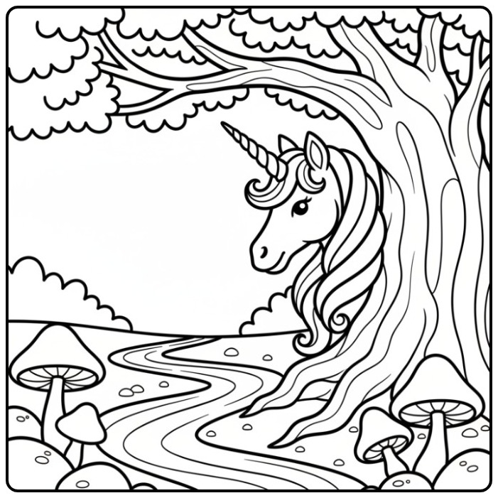 Fairy-tale Unicorn Head Next to a Tree coloring page