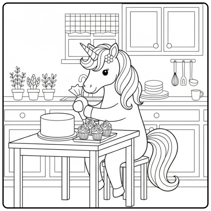 A Unicorn Easy Cupcakes at the Baking Is coloring page