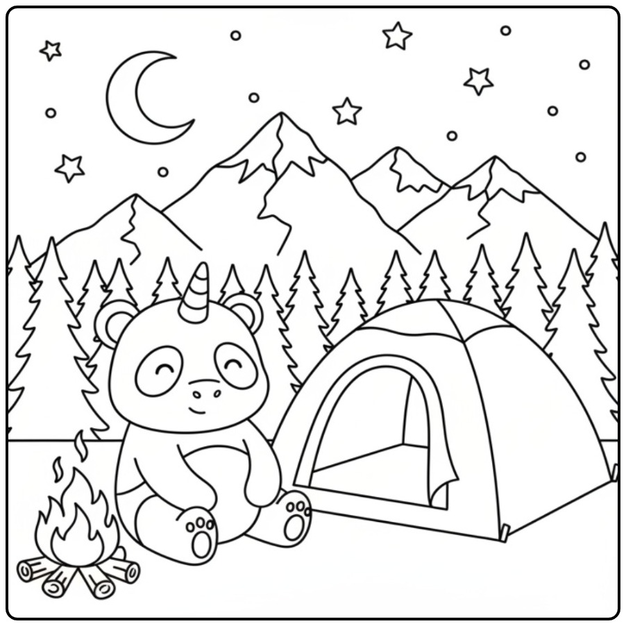A Unicorn Panda in the Mountains with Night coloring page