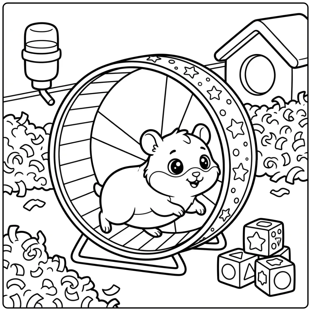 Baby Hamster coloring page running in an exercise wheel