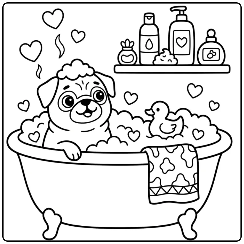 Pug Taking a Heart Bubble Bath coloring page