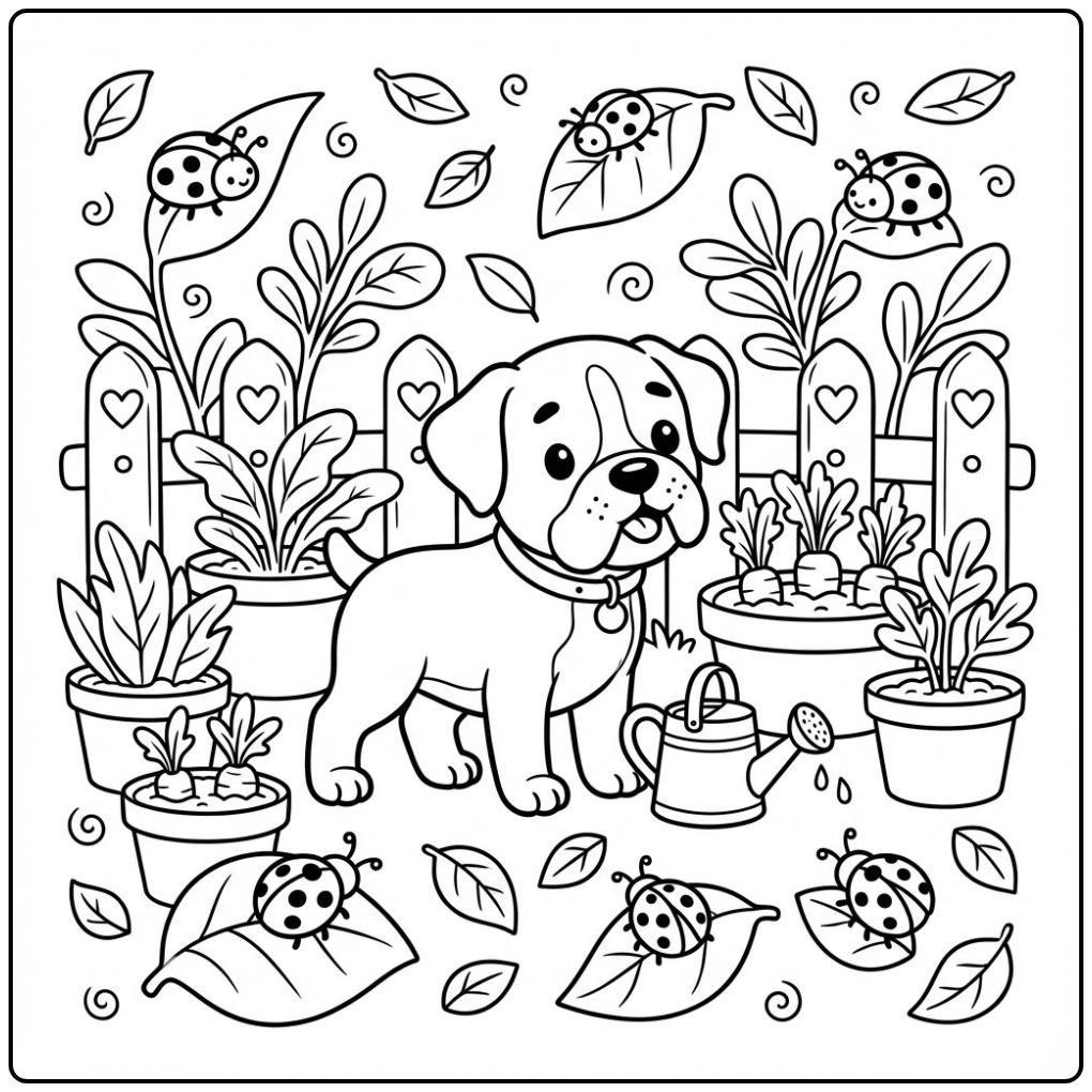 Cheerful Boxer Dog in a Vegetable Garden coloring page