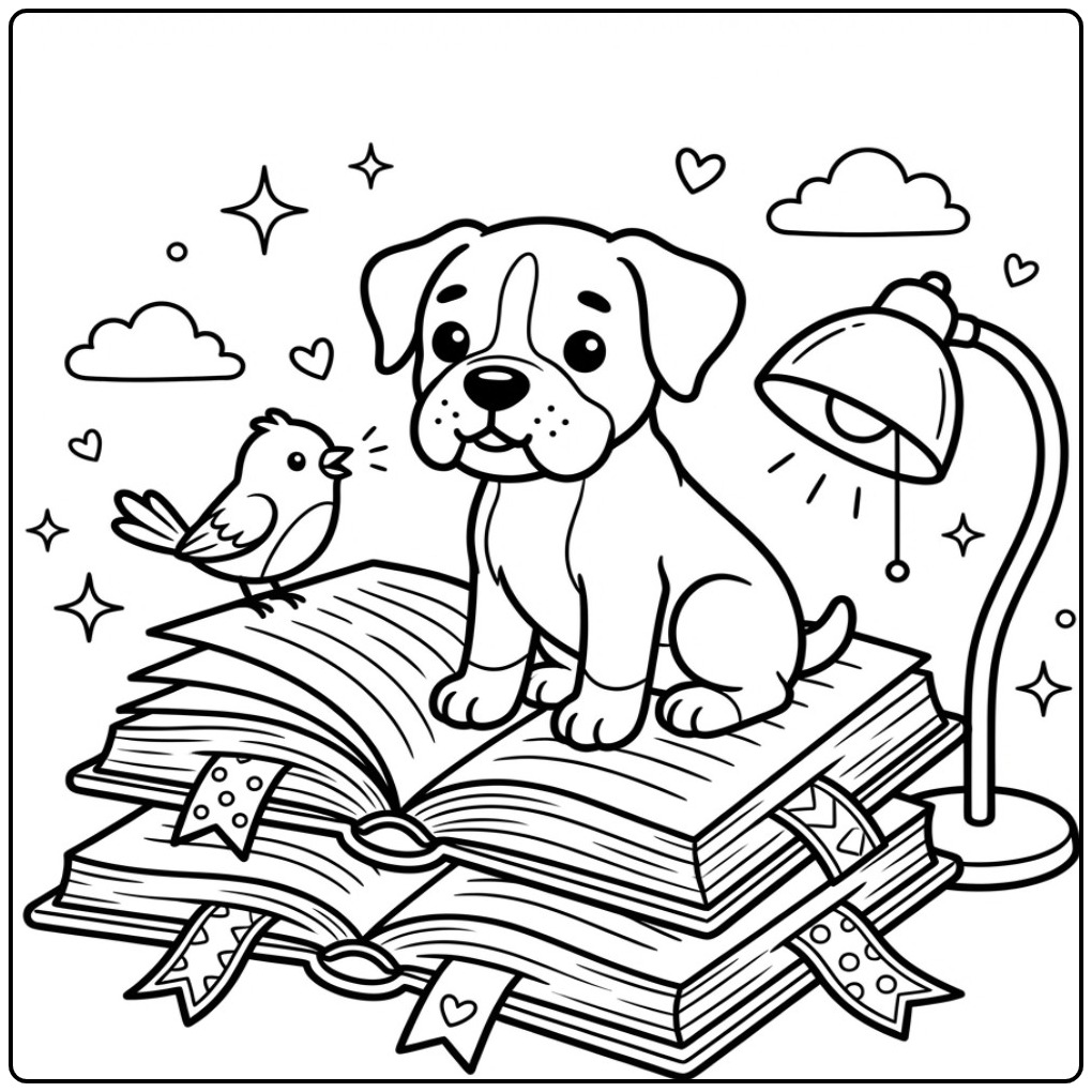 Cheerful Boxer Dog with a Small Friend coloring page