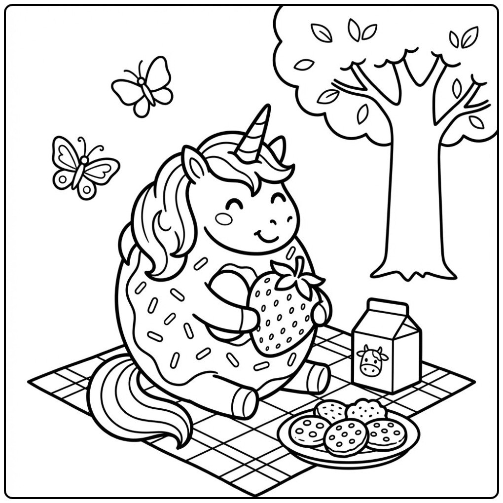 A Cheerful Donut Unicorn at the Picnicking Is coloring page