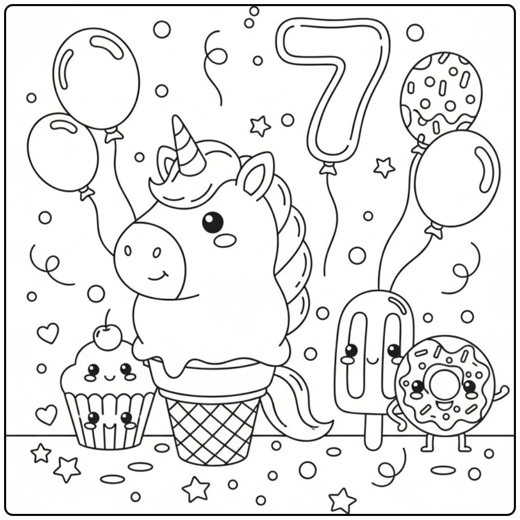 A Cheerful Unicorn Birthday with Ice Creams and Lekkers coloring page
