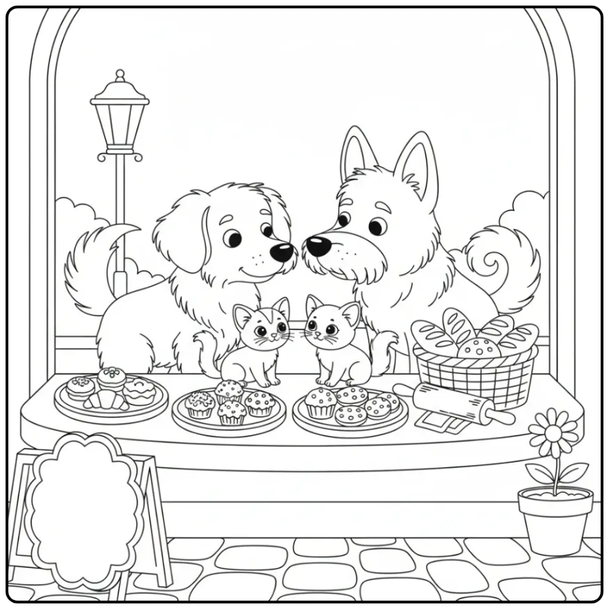 Dogs and Kittens Meeting at a Bakery Window coloring page