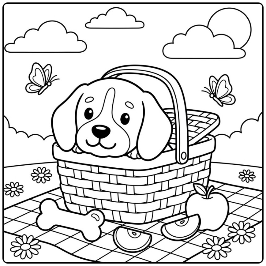 Beagle Dog Head in a Picnic Basket coloring page