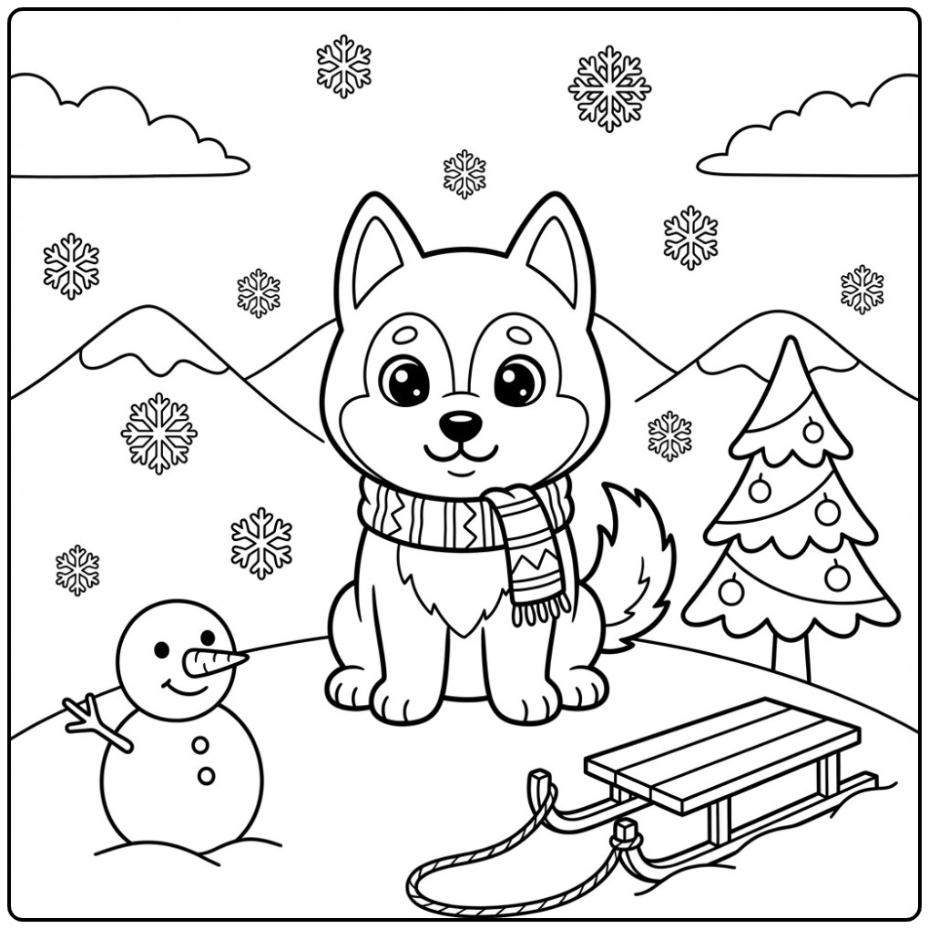 Husky with a Snowman and Sled coloring page