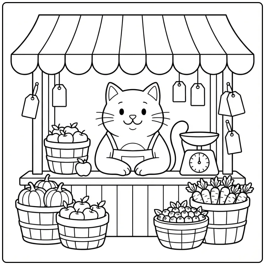 Cat coloring page behind a market stall with produce