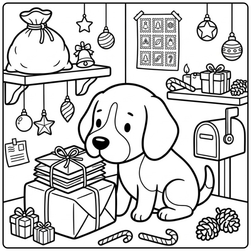 Beagle Christmas Dog Helping with Holiday Mail coloring page