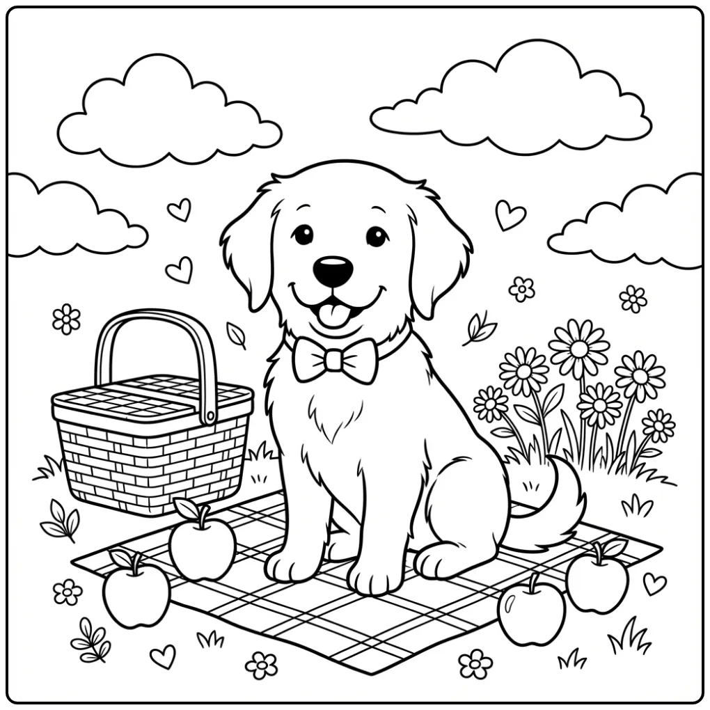 Cheerful Cute Puppy at a Picnic coloring page