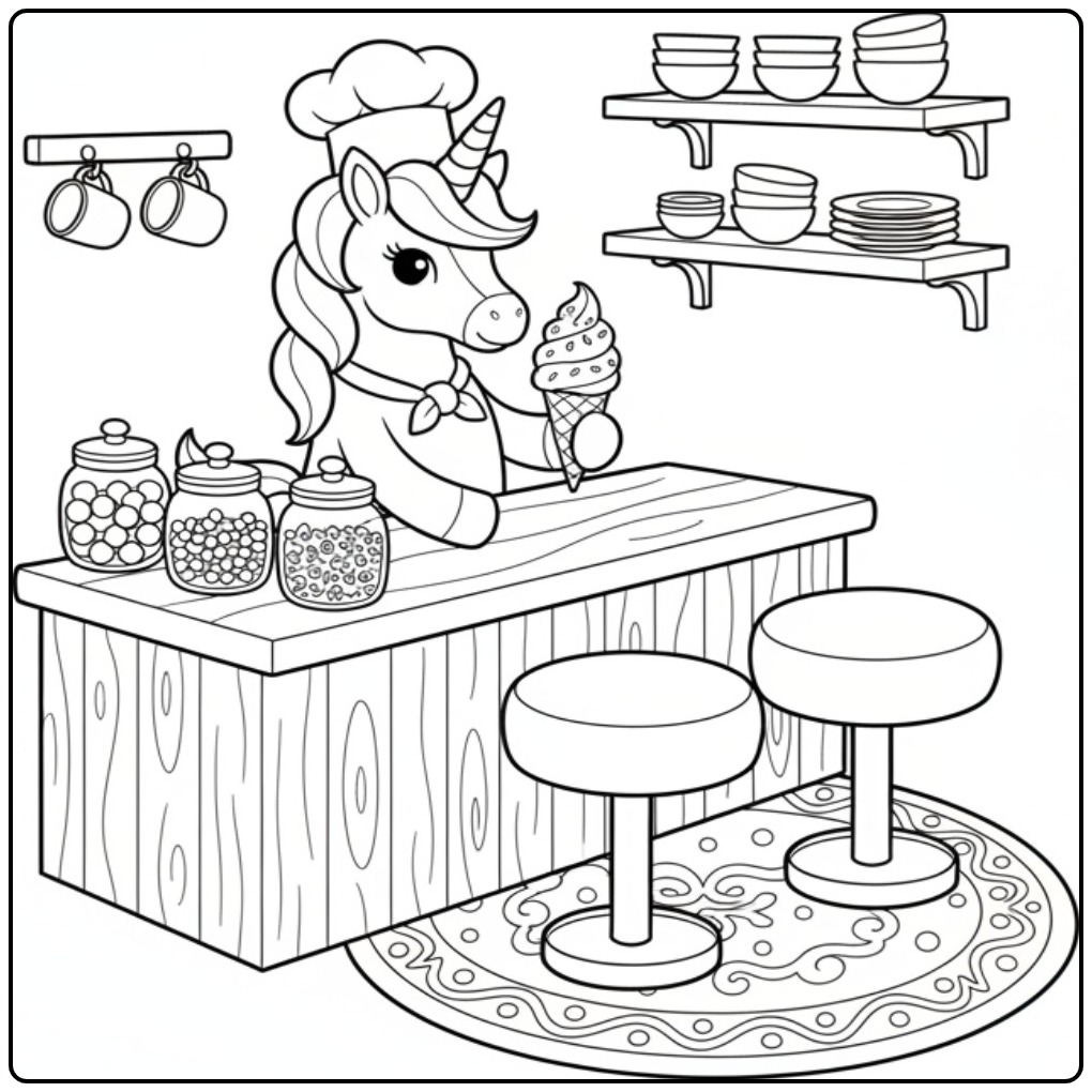 A Cheerful Unicorn Lovely Scoops of Ice Cream Serving coloring page