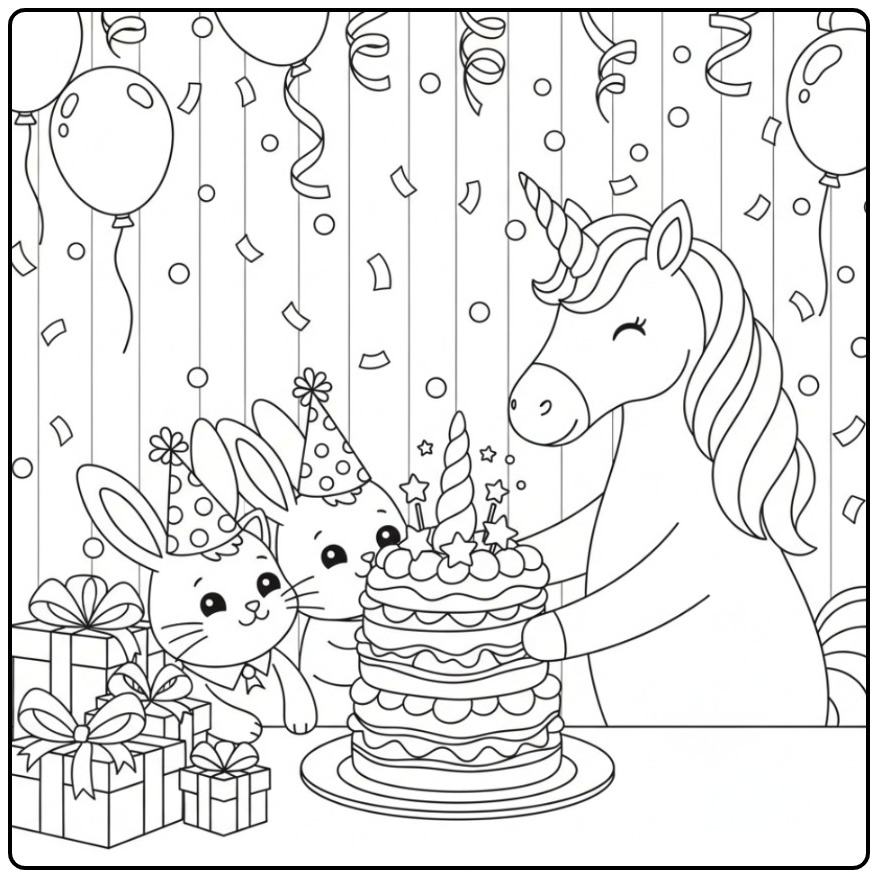 Cheerful Unicorn Cake for a Kids Party coloring page