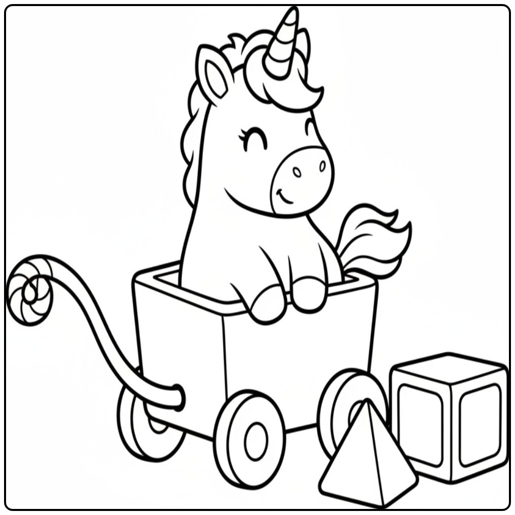 Cheerful Unicorn Easy with Blocks and a Cart coloring page
