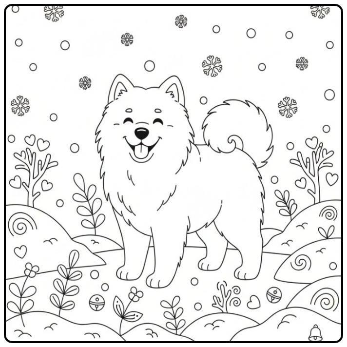 Samoyed Playing in a Winter Scene coloring page