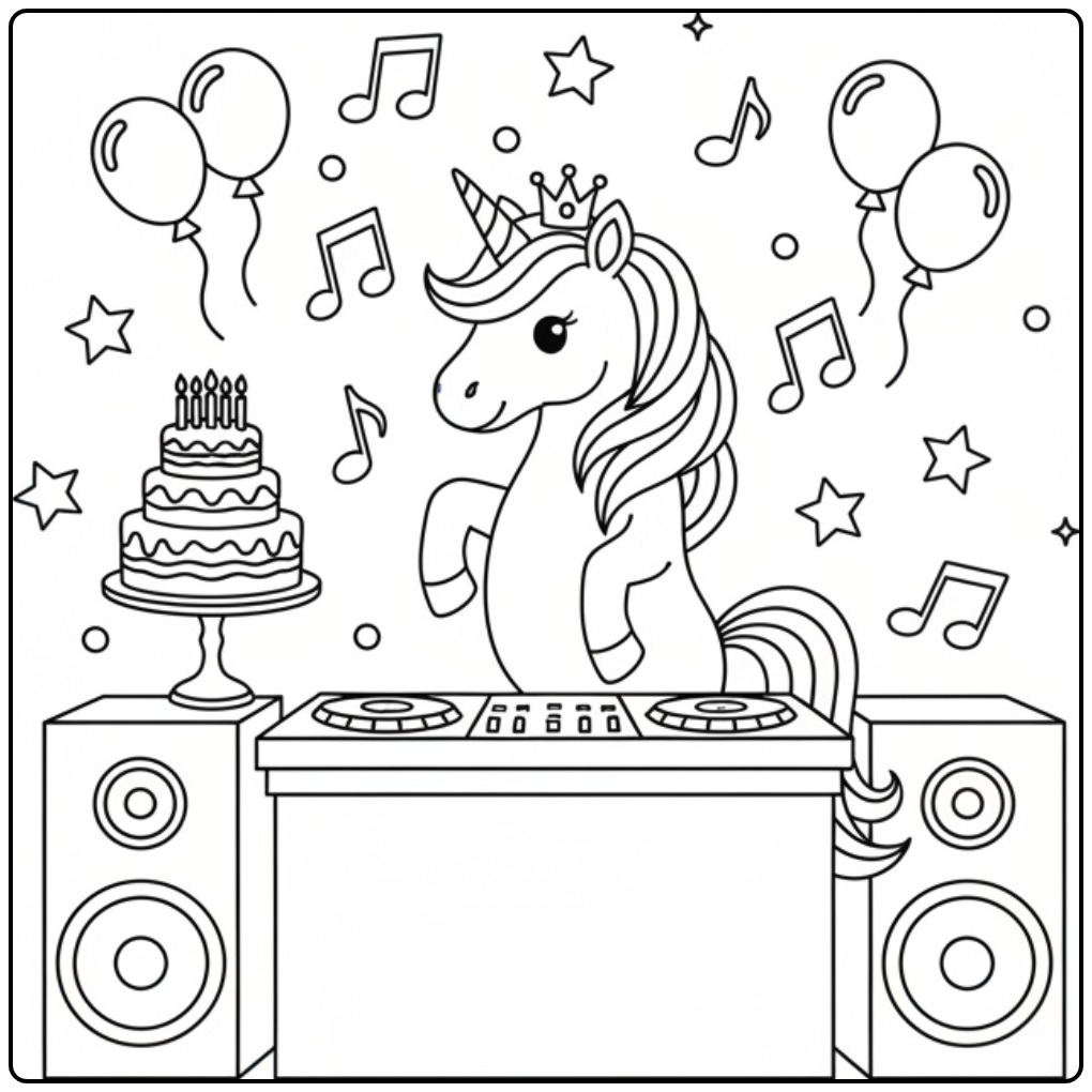 DJ Party Birthday Cake Unicorn Fun coloring page
