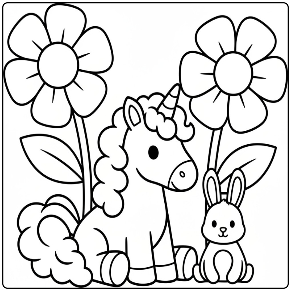 And Rabbit Among the Flowers Unicorn Easy coloring page