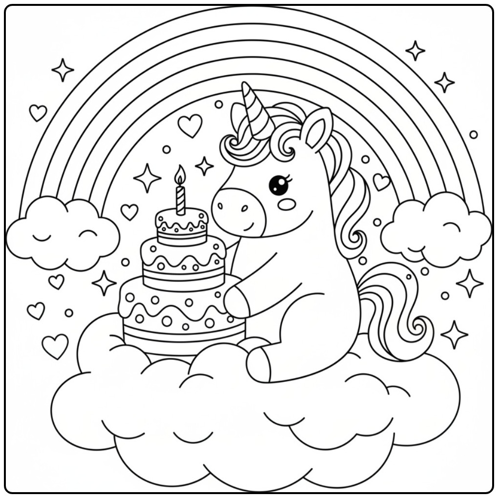 Party Unicorn Birthday Cake with Rainbow coloring page