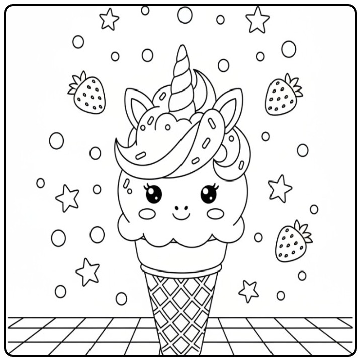 Unicorn with Ice Cream in a Cone Cheerful Sweet coloring page