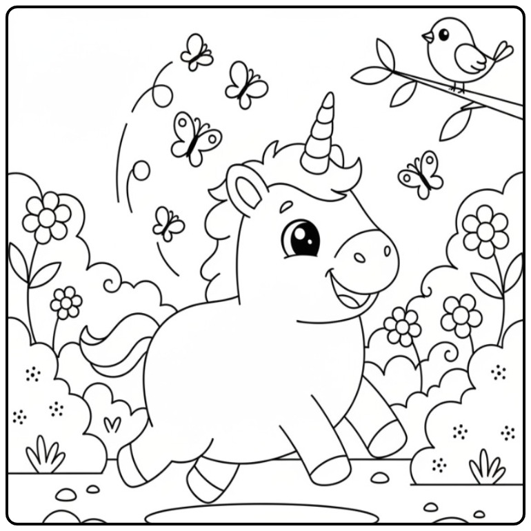 Unicorn Cute Running with Butterflies and Bird coloring page