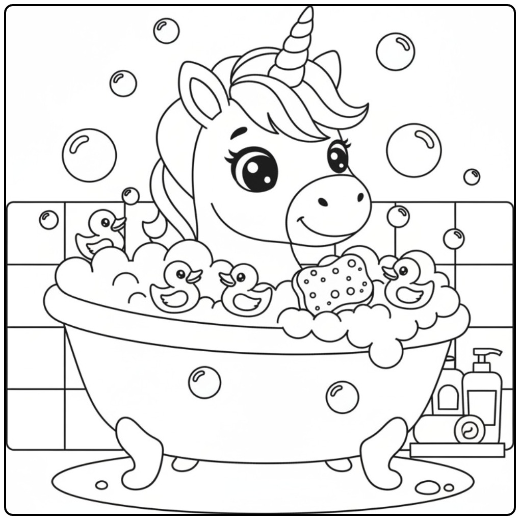 Taking Bath a Cheerful Unicorn Cute coloring page