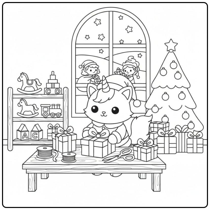 Eenhoornkat Fairies and a Christmas Tree coloring page