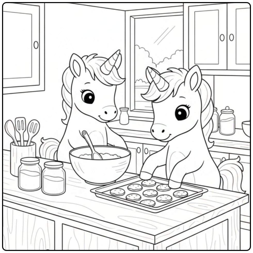 Unicorns Baking Cookies on a Baby Unicorn coloring page