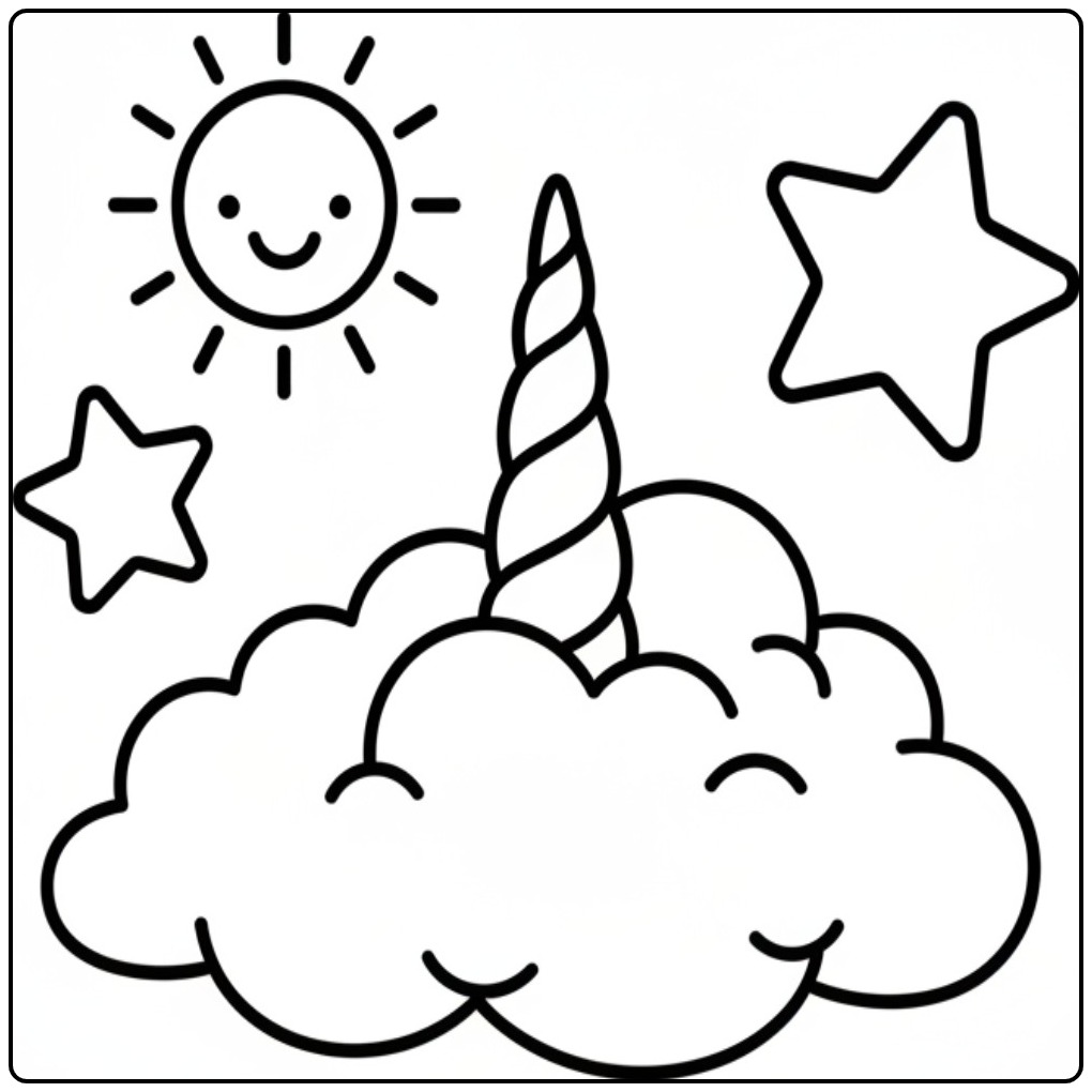 Simple Unicorn Horn Sun and Stars coloring page