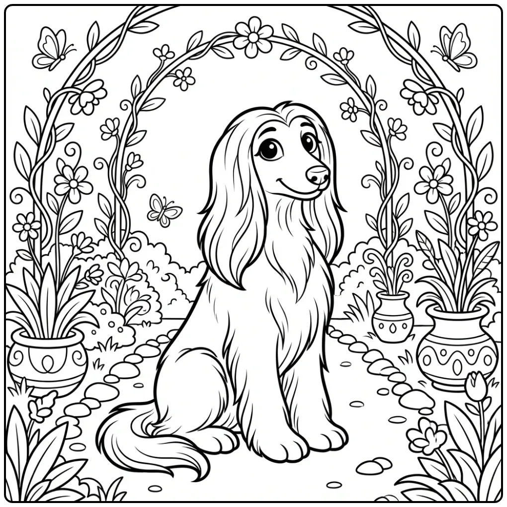 Elegant Cute Dog in a Flower Garden coloring page