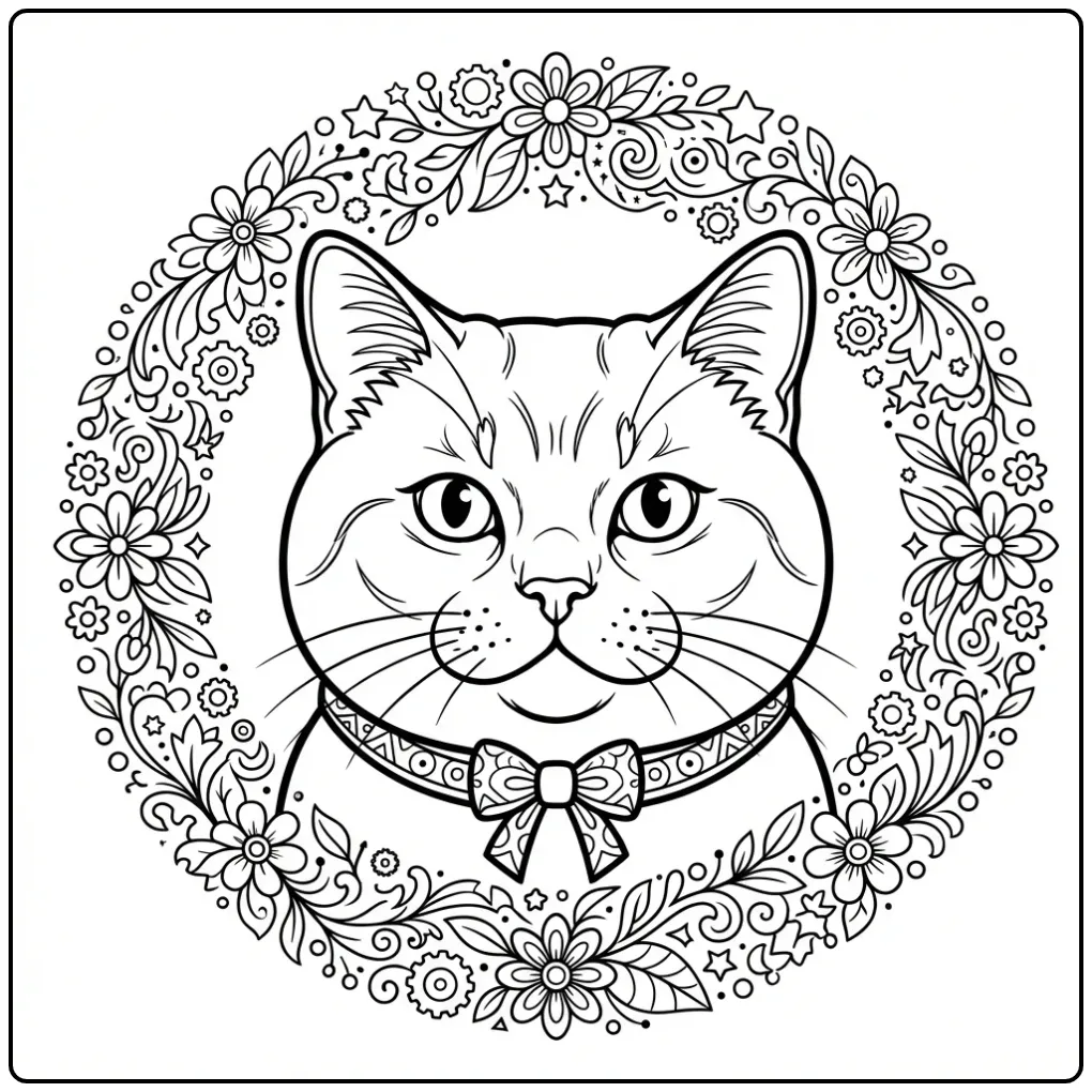 Adult Cat coloring page with flowers