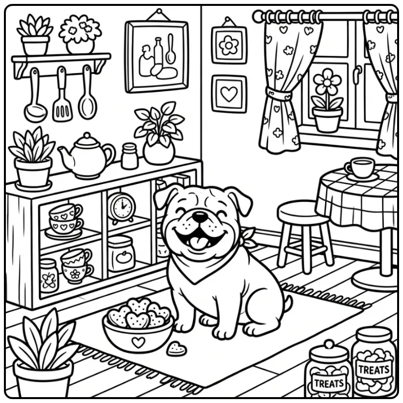 English Bulldog in a Cozy Kitchen coloring page